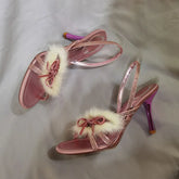 Pink stiletto heel with faux fur bow and rhinestone straps