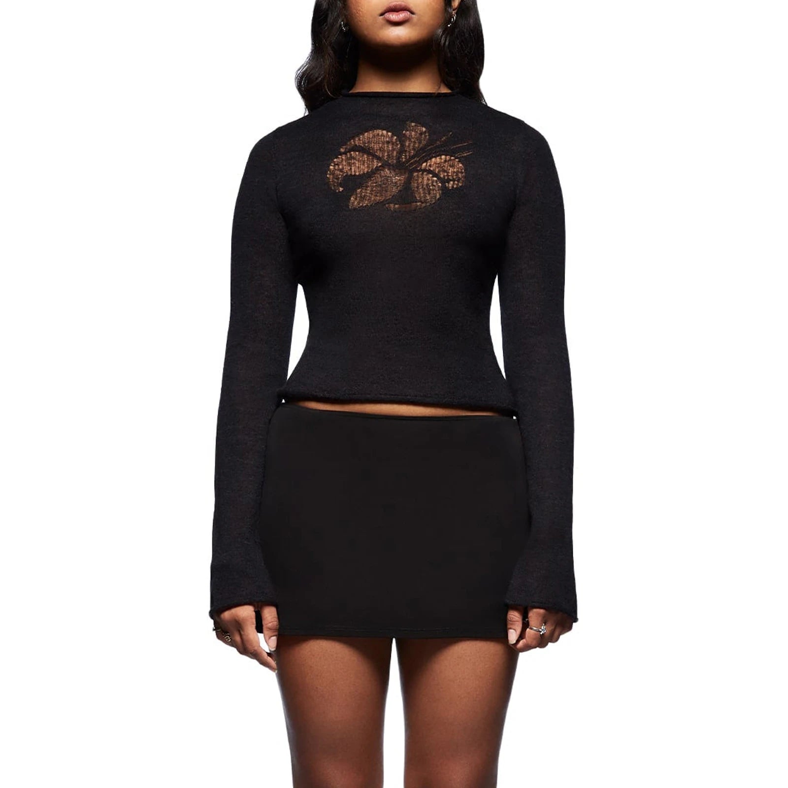 Black long-sleeve top and skirt set