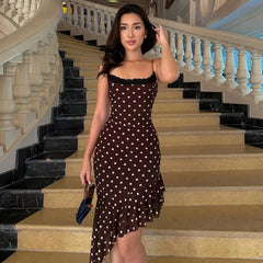 Polka Dot Lace Trim Asymmetric Ruffle Hem Mini Dress