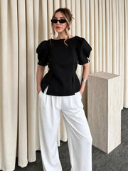 Puff Sleeve Boat Neck Peplum Blouse