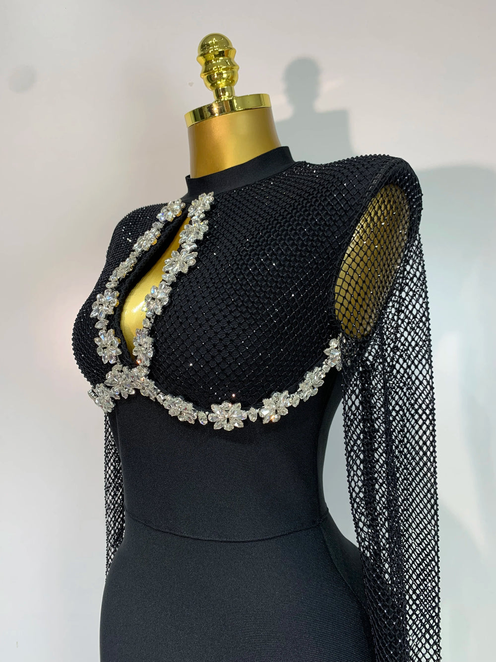 Side view of beaded mesh sleeve maxi dress