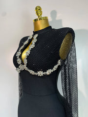Side view of beaded mesh sleeve maxi dress