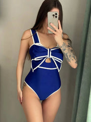Bow Detail Polka Dot Tankini Swimsuit with Skirt