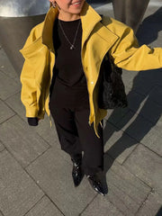 Full view of yellow stand collar drawstring jacket
