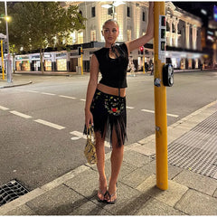 Embroidered Floral Fringe Mini Skirt