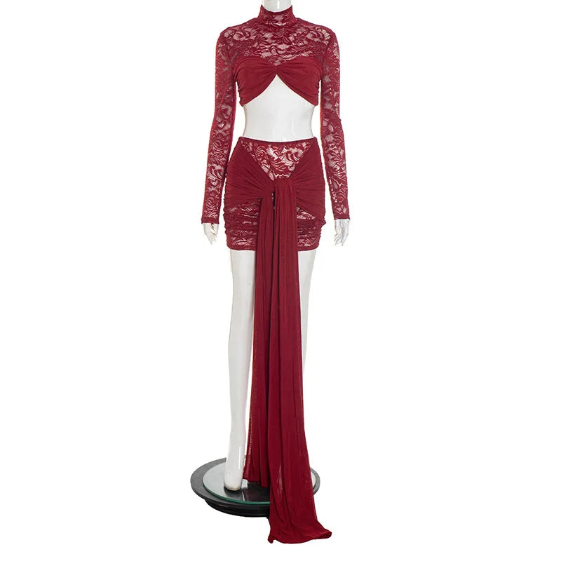 Red lace two-piece outfit on a mannequin against a white background