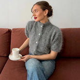Grey mock neck puff sleeve fuzzy knit top