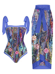 Floral Print Tie-Strap Bikini and Sarong Set
