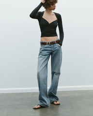 Long Sleeve V-neck Sold Drape Top