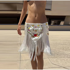 Embroidered Floral Fringe Mini Skirt