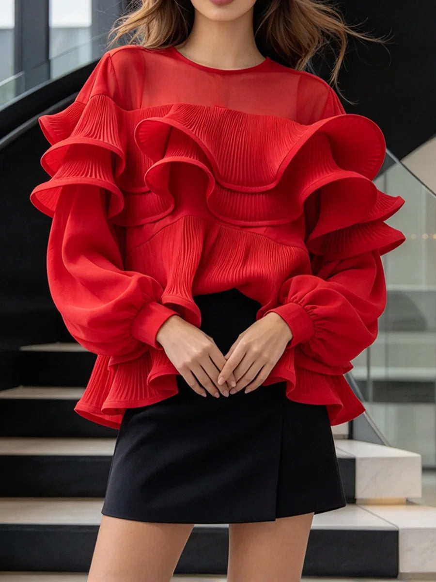 Ruffled lantern sleeve sheer red blouse