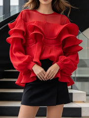 Ruffled lantern sleeve sheer red blouse
