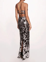 Silver Floral Sequin Halter Gown – Elegant Evening Dress