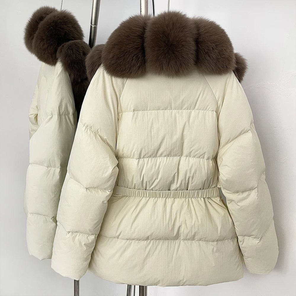 Beige puffer jacket with brown fur collar