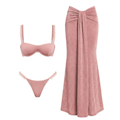 Sparkling bra and bikini bottom with draped maxi skirt in pink