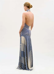 Striped High Neck Satin Maxi Dress