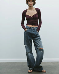 Long Sleeve V-neck Sold Drape Top