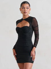Mesh Pleated Cutout Mini Dress