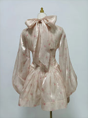 Pink Floral Puff Sleeve High Neck Scarf Mini Dress