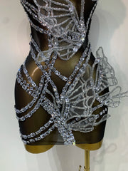 Mesh Bodycon Crystal Butterfly Mini Dress