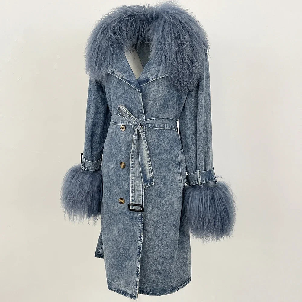 Denim coat with fur trim on a beige background