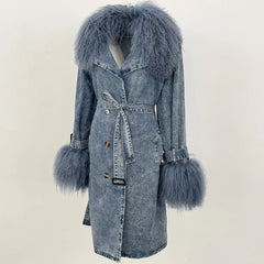 Denim coat with fur trim on a beige background