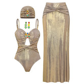 Metallic ruched one-piece swimsuit with matching maxi skirt set