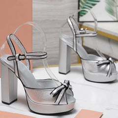 Platform Bow Strap Square Heels