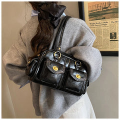 Microfiber Leather Vintage Pocket Satchel – Black & Burgundy