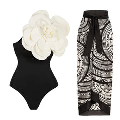 One-Shoulder Swimsuit with Oversized Flower Detail and Matching Printed Sarong Set