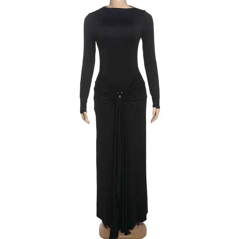 Black long-sleeve gown on a mannequin against a white background