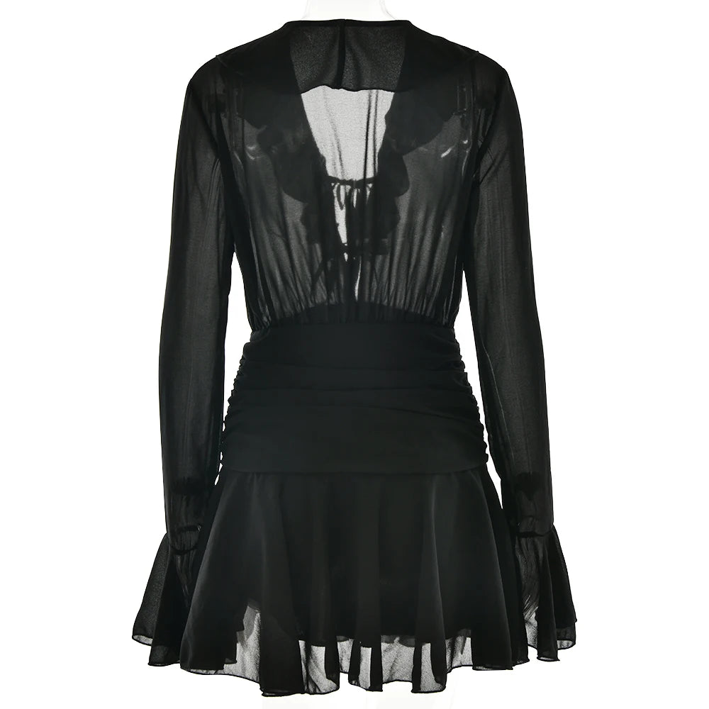 Black dress with sheer long sleeves and skirt on a white background