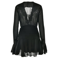 Black dress with sheer long sleeves and skirt on a white background