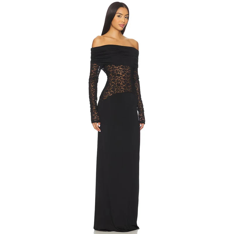Off-shoulder lace panel gown side view