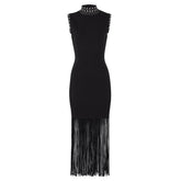 Black knitted midi dress with studded collar and fringe hem