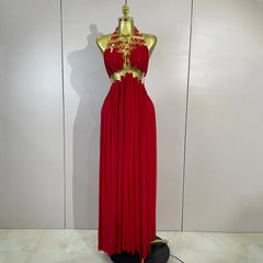 Gold Trim Halter Neck Maxi Dress