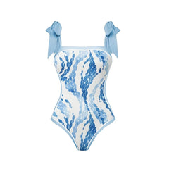 Blue Print Tie Strap Swimsuit and Sarong Set