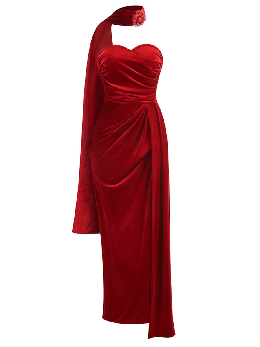 Velvet-inspired red maxi dress shown with floor-length movement