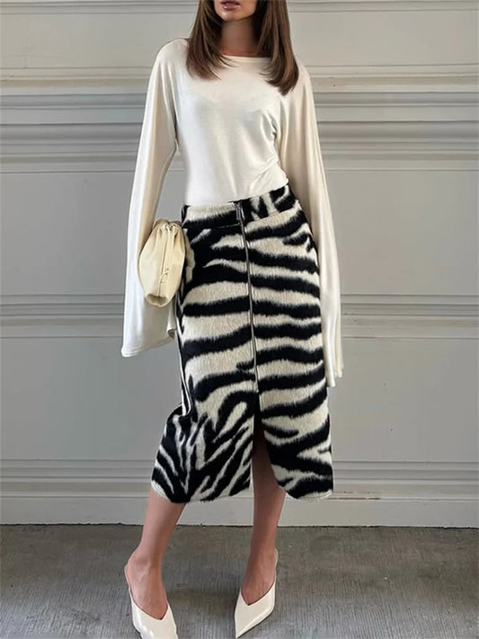 Zebra print midi skirt with faux fur texture