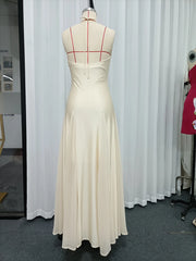 Halter Neck A-Line Maxi Dress with Pleated Skirt
