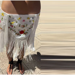Embroidered Floral Fringe Mini Skirt