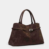 brown faux suede belted tote bag for women