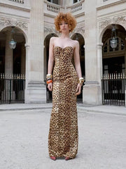 Satin Leopard Print Strapless Maxi Dress