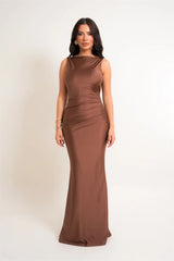 One Shoulder Low Back Draped Buckle Maxi Dress