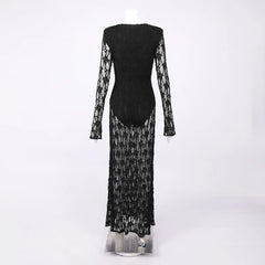 Black Sheer Lace Deep V-Neck Maxi Dress