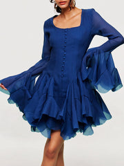 Elegant flounced edge party dress in royal blue