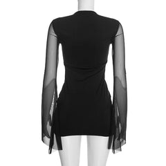 Bell Sleeve Lace Up Mesh Deep Neck Mini Dress