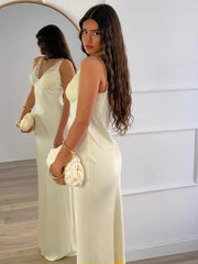 Spaghetti Strap V-Neck Lace Trim Satin Maxi Dress