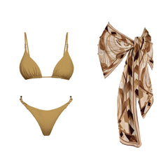 Gold shimmering bikini set with a large bow scarf cover-up.
