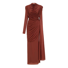 Rust Draped High Neck Long Sleeve Maxi Gown